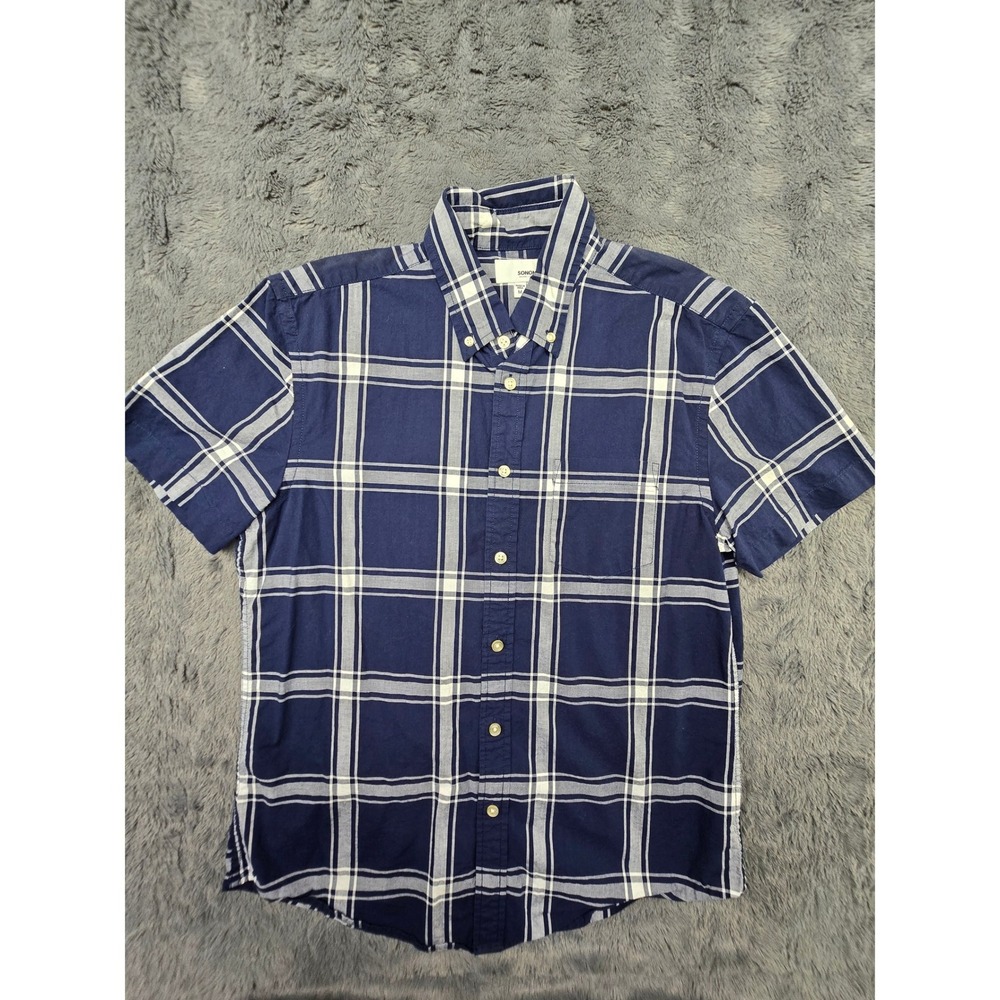 Sonoma Goods For Life Mens Navy Blue White Plaid Short Sleeve Button Down ShirtM